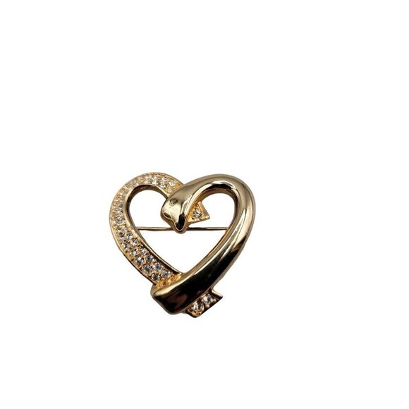 Swarovski Pave Crystal Heart Brooch Gold Tone Vintage Swan Stamp Pin - Picture 12 of 12